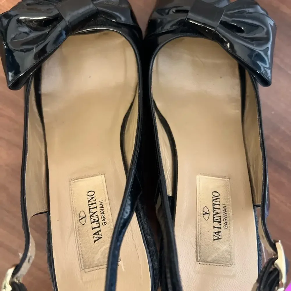 Valentino Black Patent Leather Mena Espadrille Wedge Slingback Sandal Size 5.5